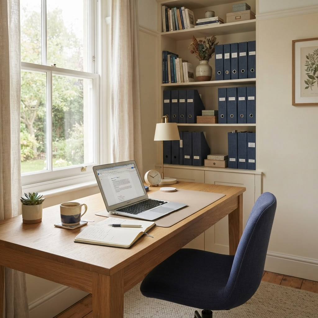 A calm home workspace with a desk, laptop showing a document editor, and natural light — representing learning from home